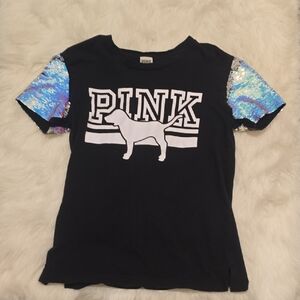 PINK Victoria's Secret Black Tee with Iridescent Blue-Green Sequin Sleeves